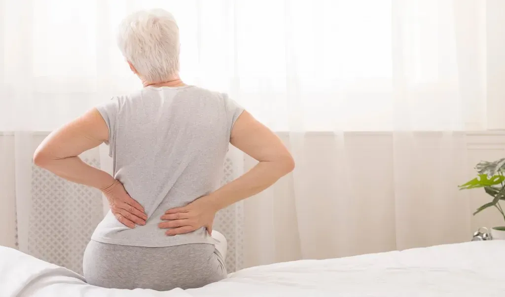 A senior woman with short white hair, wearing a gray t-shirt and pants, sits on a bed and holds her lower back with both hands, suggesting lower back pain. She faces a bright window with