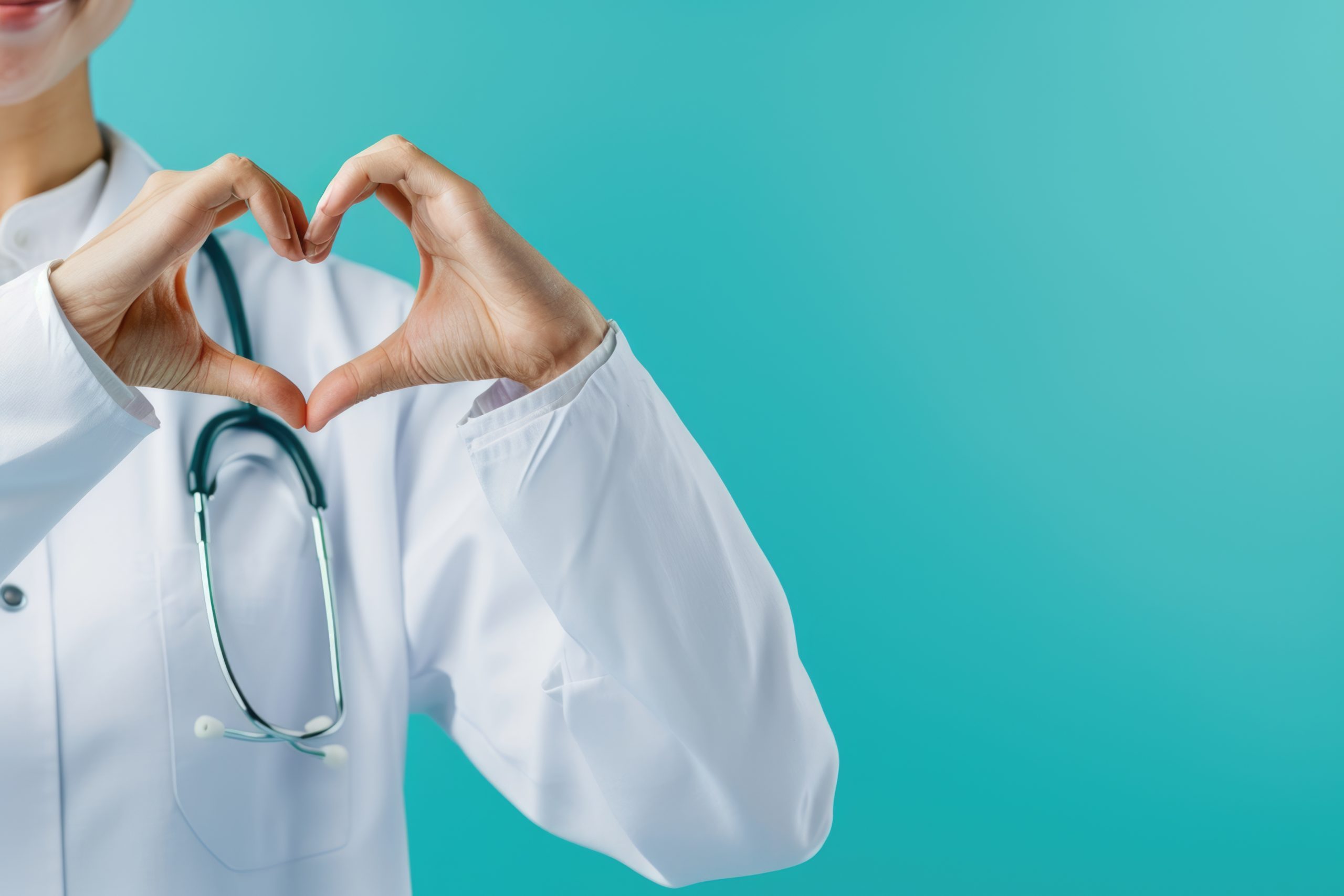 A patient-centric healthcare professional in a white coat with a stethoscope, forming a heart shape with their hands over a turquoise background.
