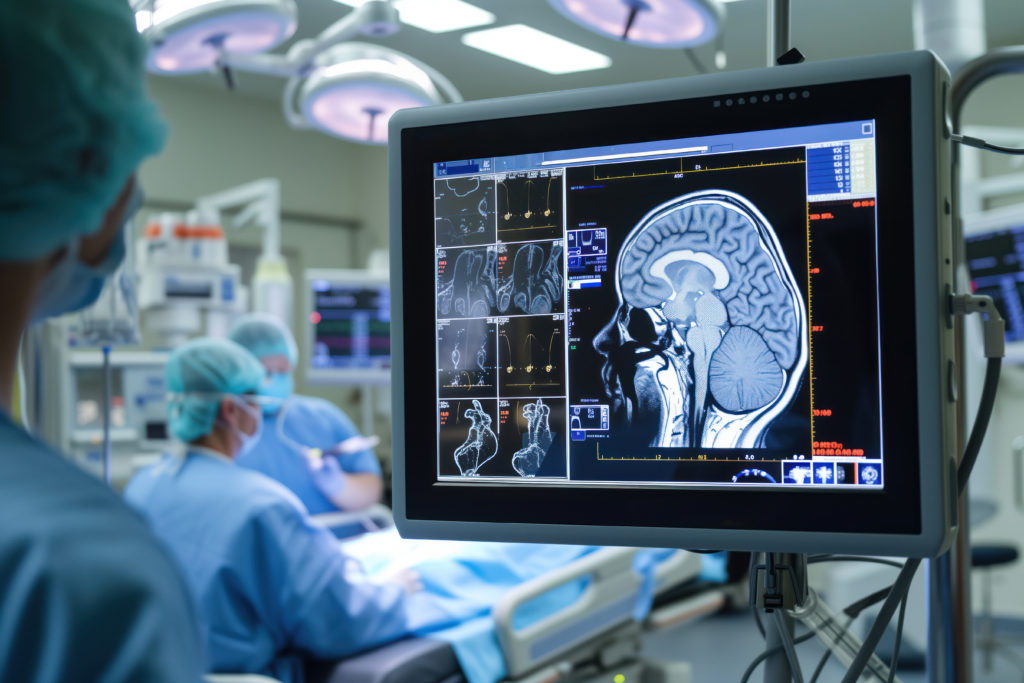 A medical team wearing surgical attire works in an operating room. The scene is focused on a monitor displaying a detailed brain scan with various sections and angles, highlighting the importance of accuracy to avoid common medical imaging errors while illuminating the intricate structures of the brain.