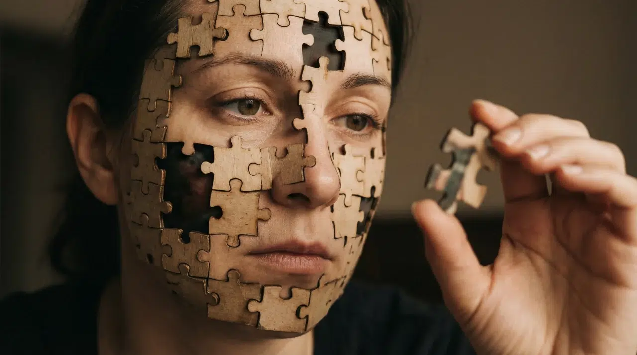 Person with a puzzle-piece face holding a missing piece, symbolizing emotional recovery and healing after a car accident.
