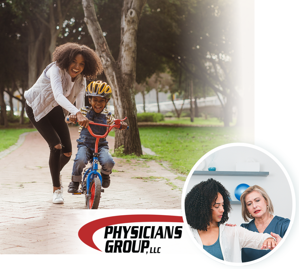 Mother helping her young child ride a bike in a park with a Physicians Group LLC logo overlay.