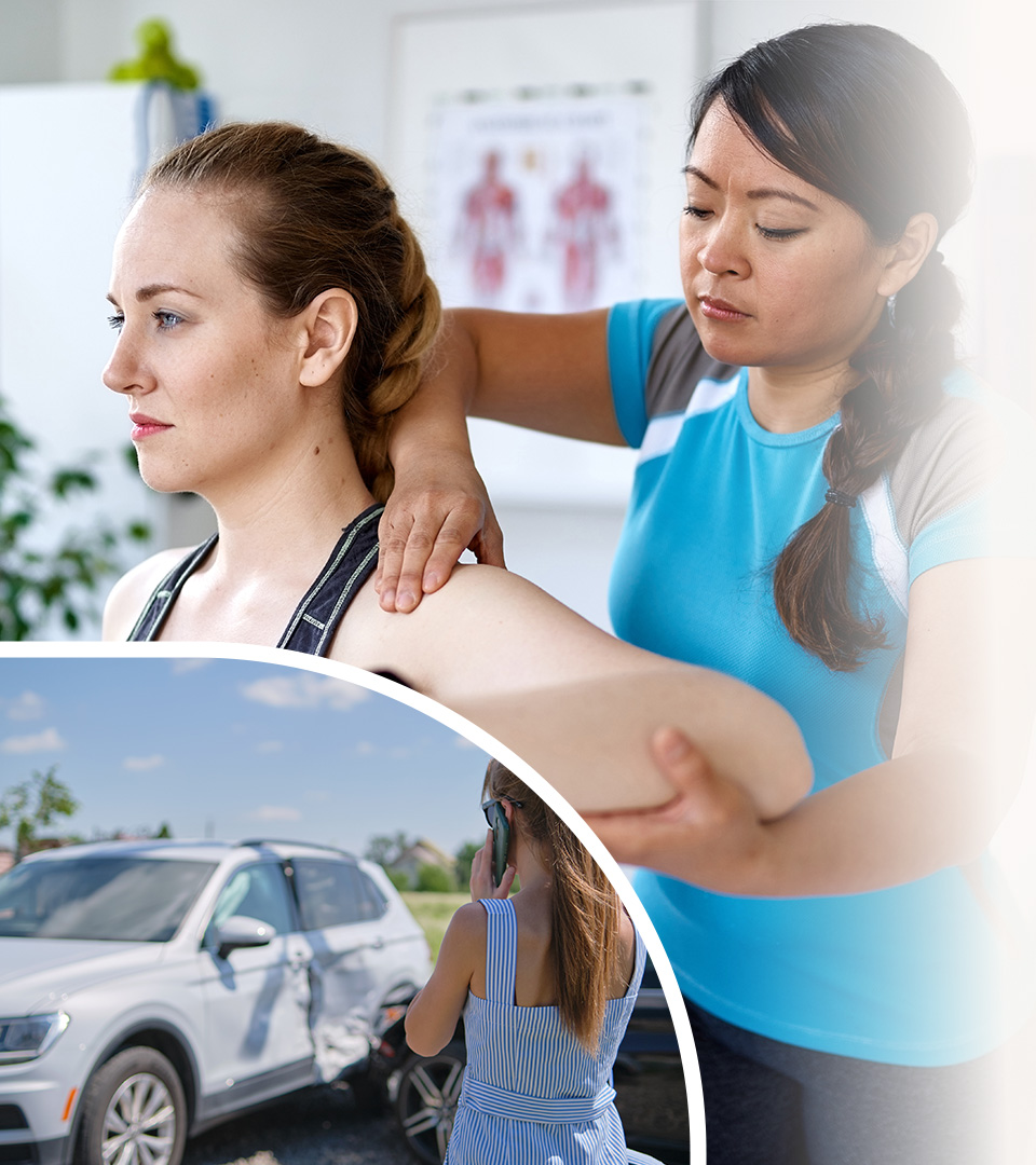 Physical therapist assisting a woman with shoulder mobility alongside an inset image of a woman calling for help after a car accident.