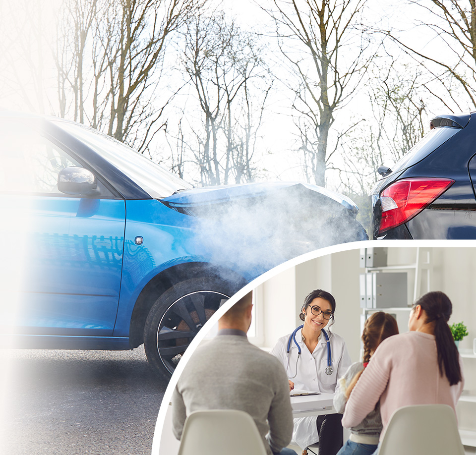 Blue car in a rear-end collision transitioning into a doctor speaking with a family in a medical office.