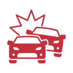 Red icon of two cars colliding with an impact burst above them.