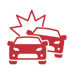 Red icon of two cars colliding with an impact burst above them.