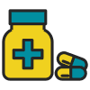 Yellow medical bottle with teal cross and two capsules.