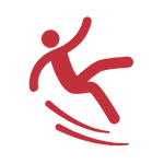 Red icon of a person slipping with motion lines beneath them.