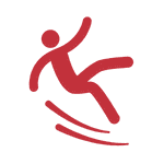 Red icon of a person slipping with motion lines beneath them.