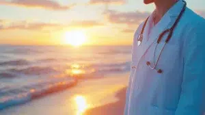 Medical professional standing near a beach setting, representing auto accident doctor care, accident care specialists, and recovery support after a car accident in Clearwater.