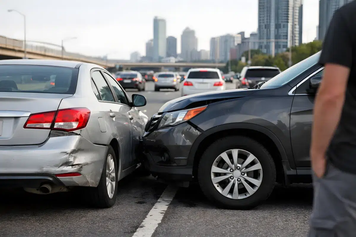 Two cars involved in a rear-end collision on a busy city road with visible damage and traffic in the background.