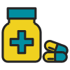 Yellow medical bottle with teal cross and two capsules.