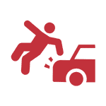 Red icon of a person being struck by a car.